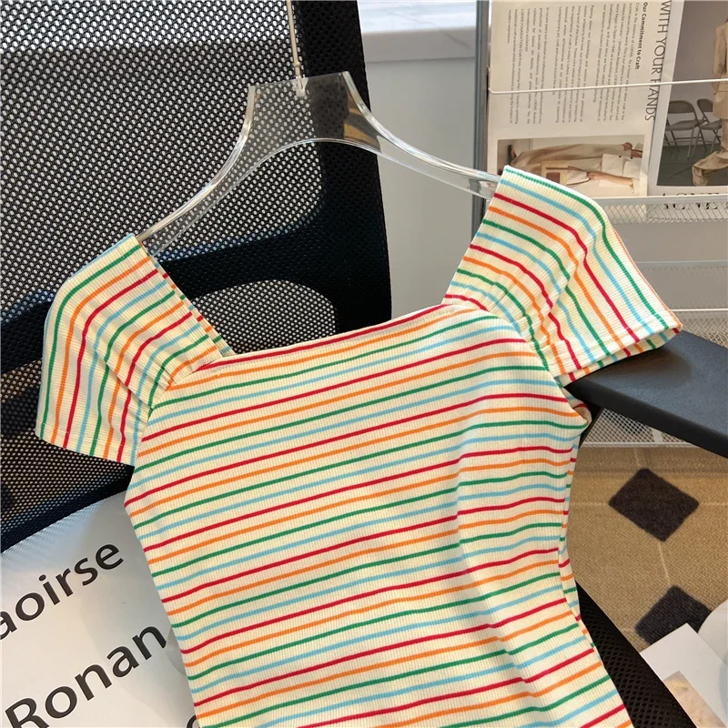 French Sweet Contrast Color Striped Short-Sleeved T-shirt Women's Short Summer Top