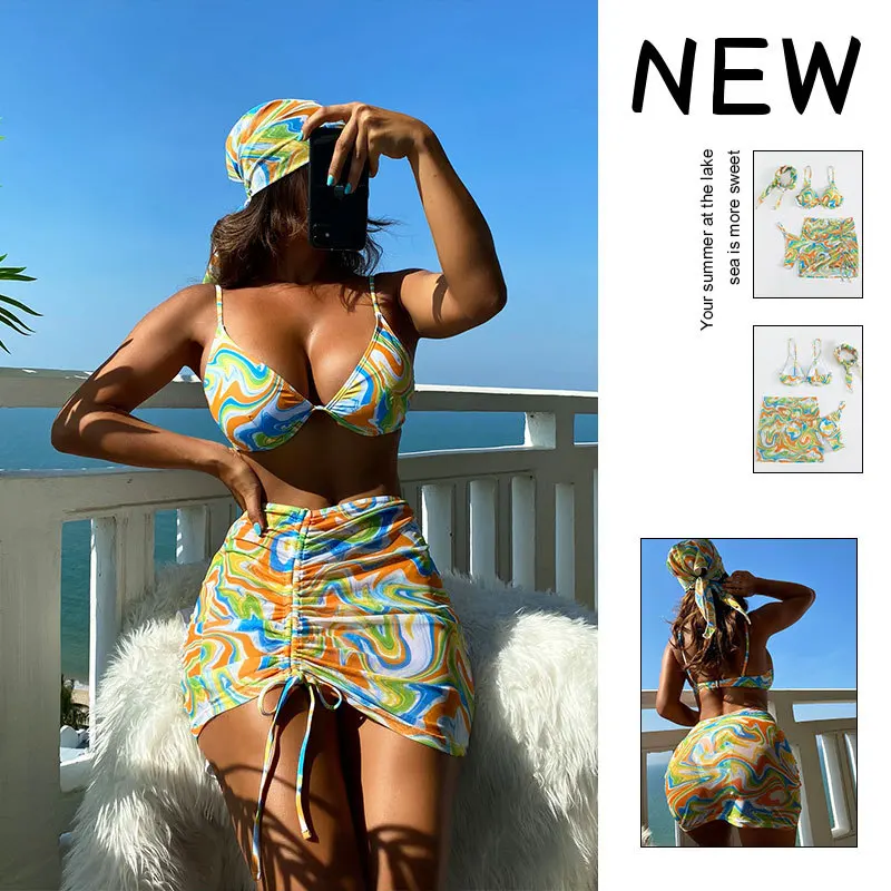 

2023 New Bathing Swimming Suit Female 4 Pieces Print Tie Side Bikinis Set Swimsuit & Beach Skirt with Scarf Sexy Swimwear Women