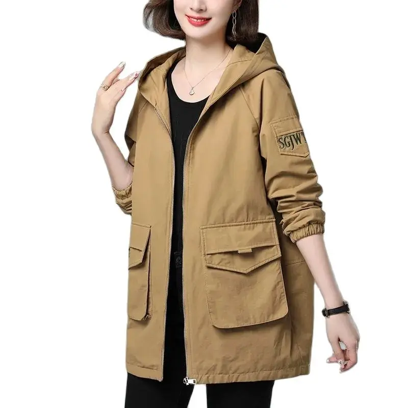 

Lined Casual Hooded Windbreaker Women's 2023 Spring Autumn Korean Large Size Loose Middle-aged Female Mid-length Trench Coat