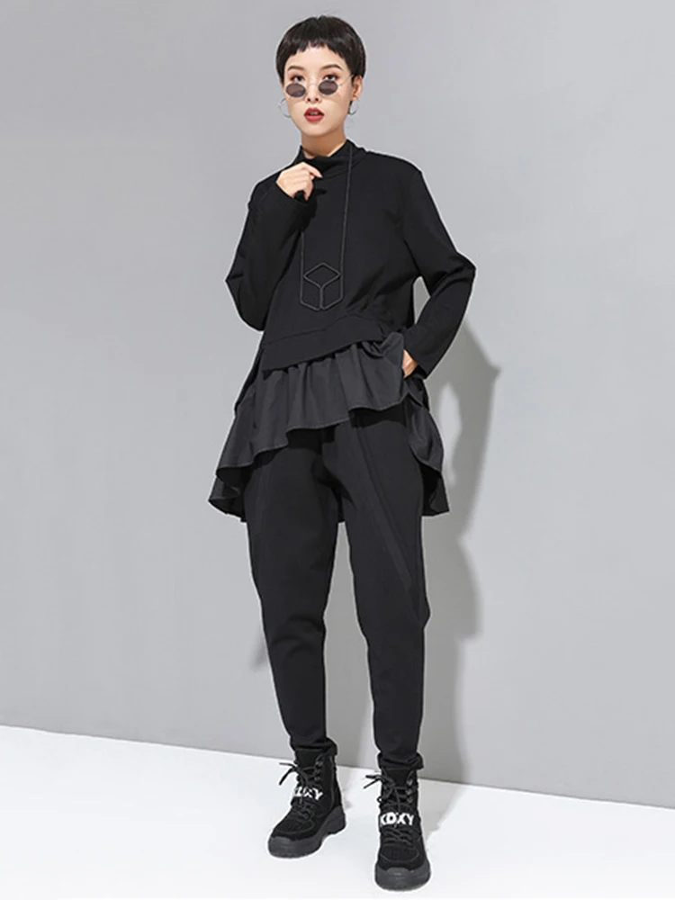 [EAM] High Elastic Waist Black Split Joint Harem Trousers New Loose Fit Pants Women Fashion Tide Spring Autumn 2026 1A528