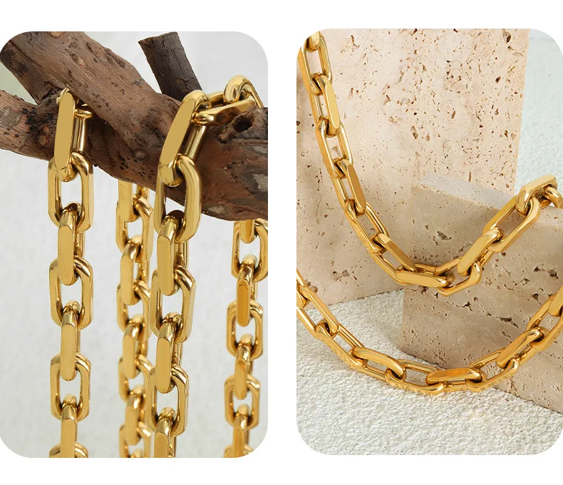 Dicke flache kubanische Gliederkette aus Edelstahl, Halskette, Armband, Schmuckset, wasserdicht, für Männer und Frauen, Hiphop – Detail 6