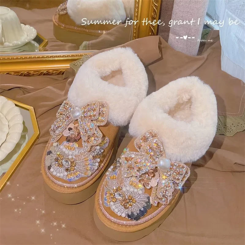 

Handcrafted custom fox hair boots Rhine-diamond butterfly decoration Winter plus fleece warm boots sequins women's 35-40