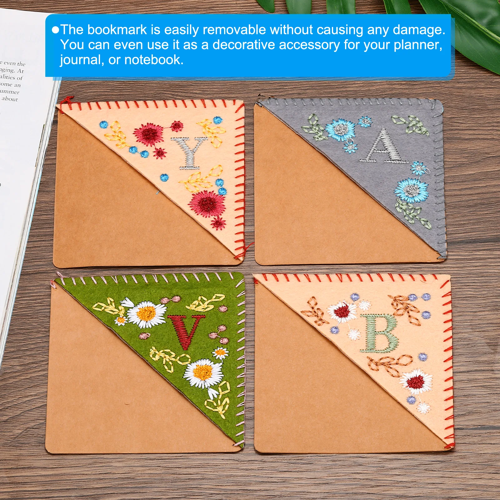 Personalized Embroidered Corner Bookmark Cute Flower Felt Stitched Triangle Book Mark Page Marker for Book Lovers Teachers Grey