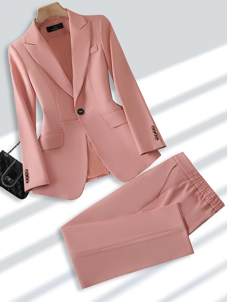 Women Formal Pant Suit Beige Khaki Pink Ladies Blazer Jacket +Trouser  Fashion Office Business Work Wear 2 Piece Set