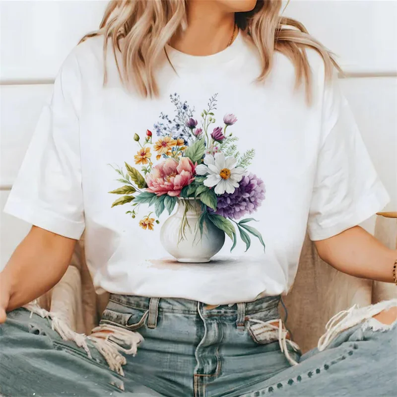 

Flower Style Trendy and Fashionable Women's Casual Printing Women's Pattern T-Shirt Clothing Short Sleeved Printed Plus Size T-S