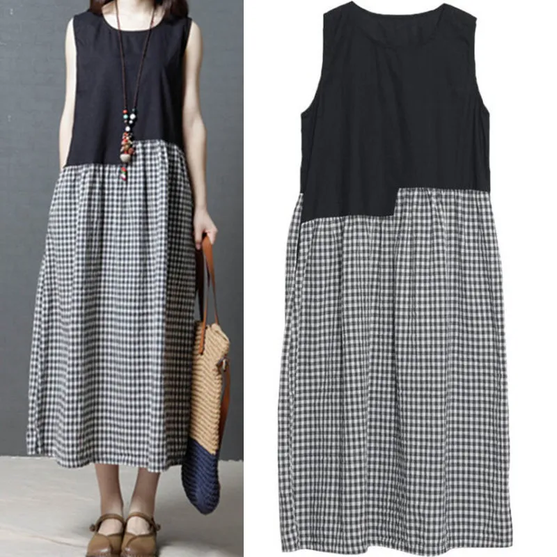 

Fashion Plaid Cotton Linen Dress Sleeveless Summer Loose Large Size Women Casual Dress