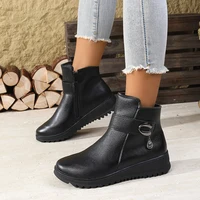 2025 Winter New Women's Ankle Boots - Side Zipper Plush Lined, Buckle Decor with Pendant, Non-Slip Wedge Heel, Warm & Elegant - Image 2