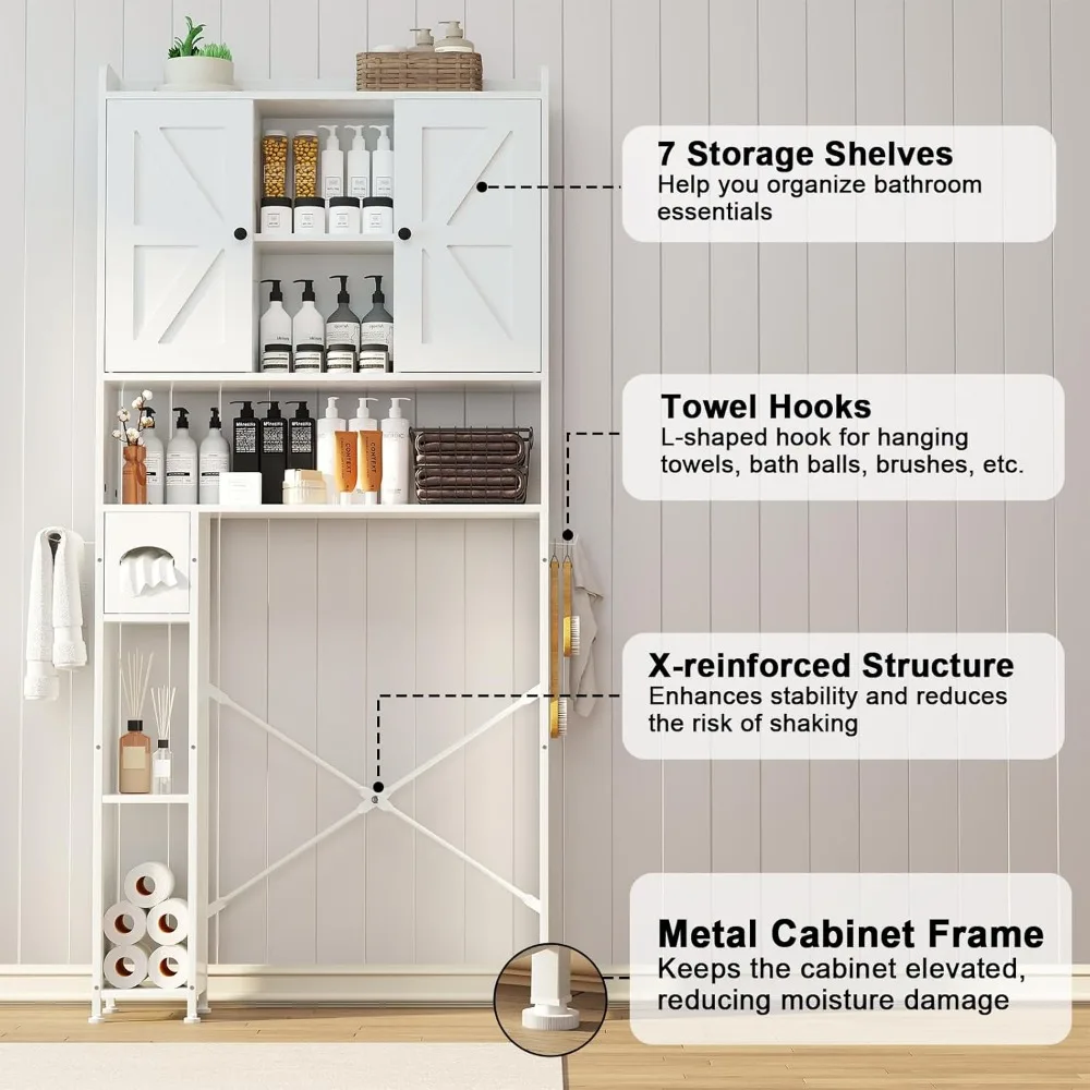 Over The Toilet Storage Cabinet with Metal Frame and 7 Storage Shelves, Bathroom Organizer with Adjustable Shelves, Paper Holder 3