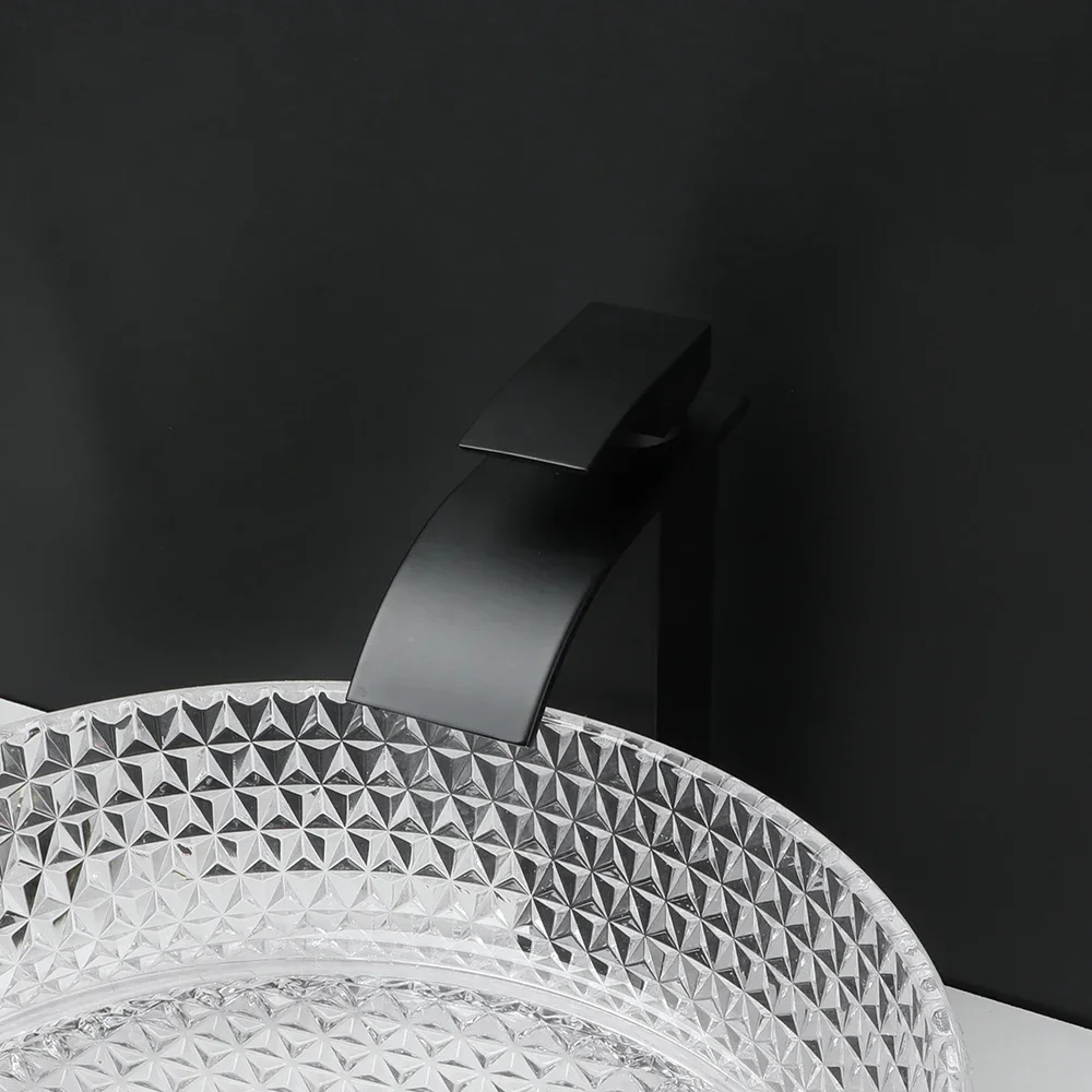 Transparent Thick Glass Basin Set Diamond Shaped Texture Bathroom Sink W/ Matte Black Faucet And Pop-up Drainage Mixer Tap 3