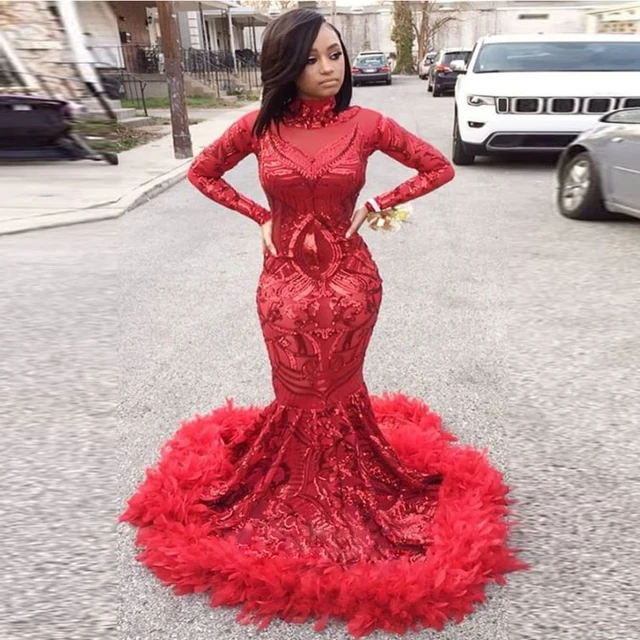 Elegant Red Prom Dresses Woman Dance Ball Gowns Long Sleeve Mermaid  Feather Evening Formal Party Clothing Photo Color