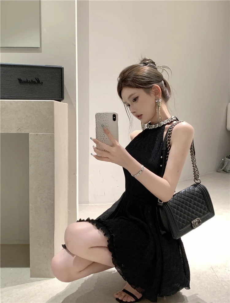 Elegant Halter Black Dresses for Women Summer New Backless Ruffles A-line Korean Birthday Party Dress Prom Short Vestidos Mujer