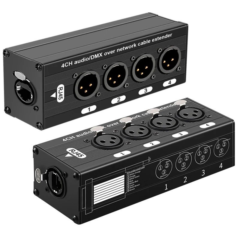 네트워크 케이블을 통한 4채널 오디오 및 DMX512 연장기, 라이브 사운드 및 무대 조명용 XLR 밸런스드 오디오