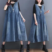 plus Size Women's Denim Dr Loose Fit Summer Faion High Waist A-Line Skirt ort Sve V-Ne Waed out Jeans Dr