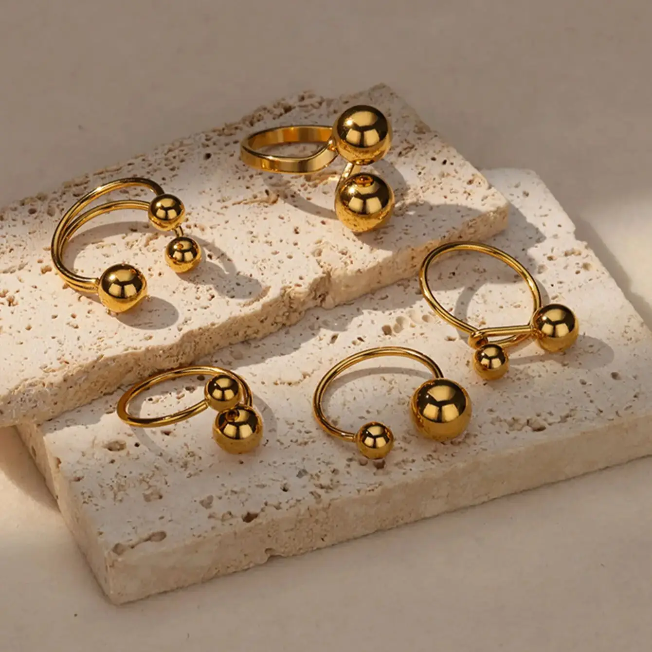 Exaggerated Stainless Steel Bead Ball Rings For Women Men Open Adjustable Gold Color Stainless Steel Ring Waterproof Jewelry