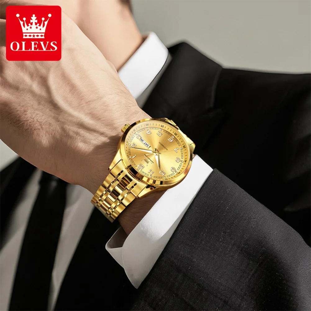 OLEVS 7077 Automatic Watch Man Original Mechanical Watch For Men Fashion Luxury Steel Strap Waterproof Dual Calendar Wristwatch