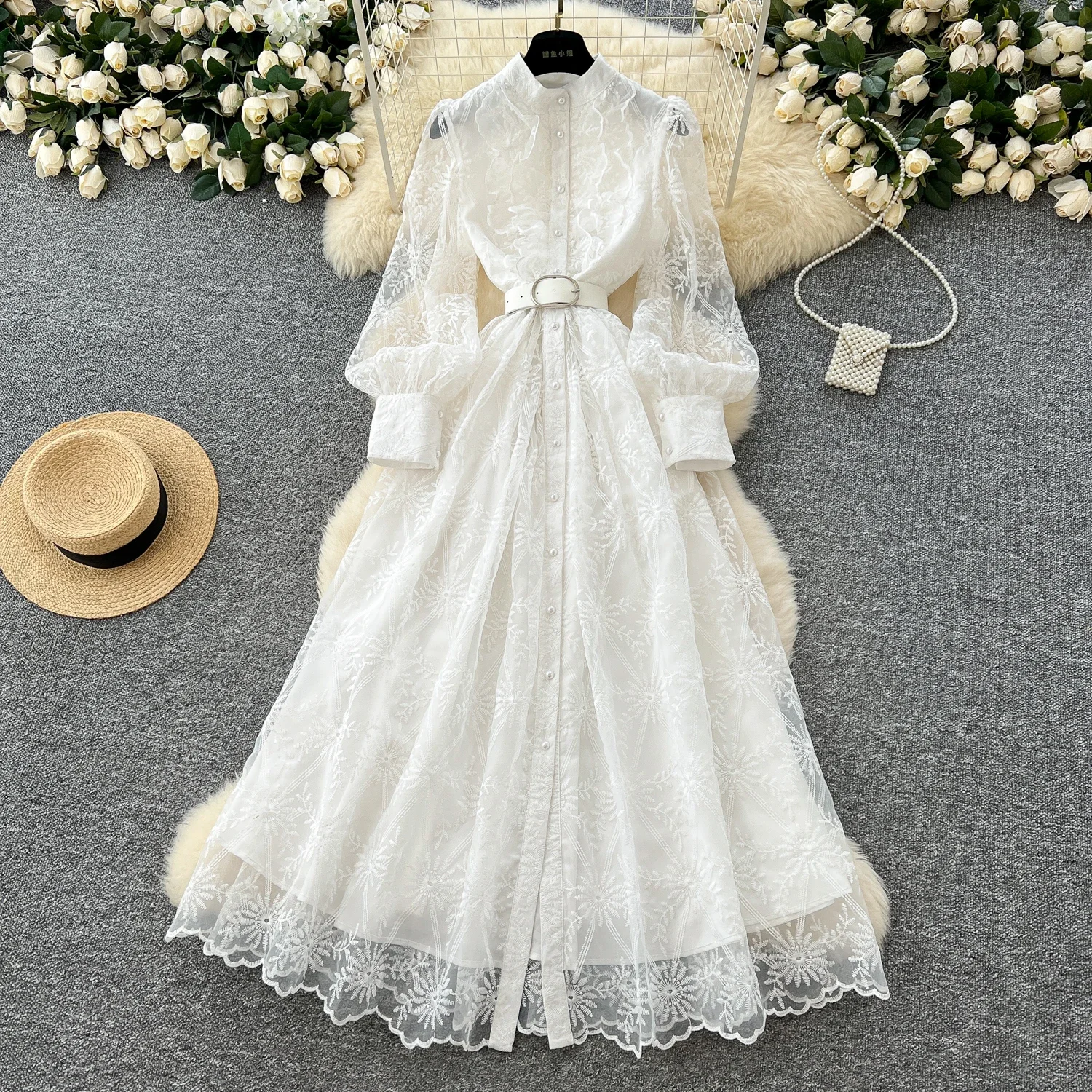 French Vintage mesh floral ruffle Single Breasted Belt Dress A-line Women Fashion Summer Dress