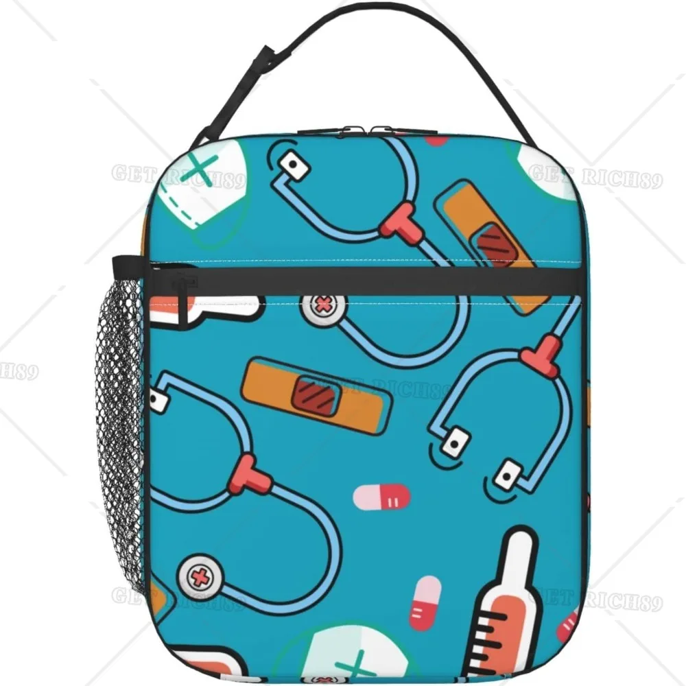 

Cute Nurse Theme Insulated Lunch Bag - Reusable Portable Lunch Box Tote Bag with Side Pocket for Women Men Kids Work School Trip