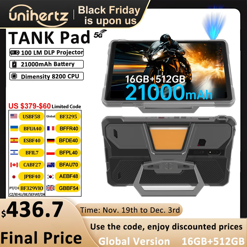 Unihertz Tank PAD 8849 Rugged Projector Tablet Android 32GB 512GB 21000mAh 10.95" FHD Dual Speaker Dimensity 8200 Tablet Phone