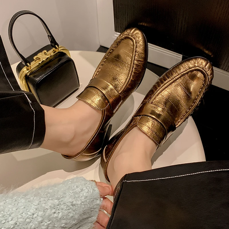 

New Arrival Natural Leather Women Loafers Shoes Spring Round Toe Gold Black Fashion Club Party Ladies High Heel Shoes Size 34-39