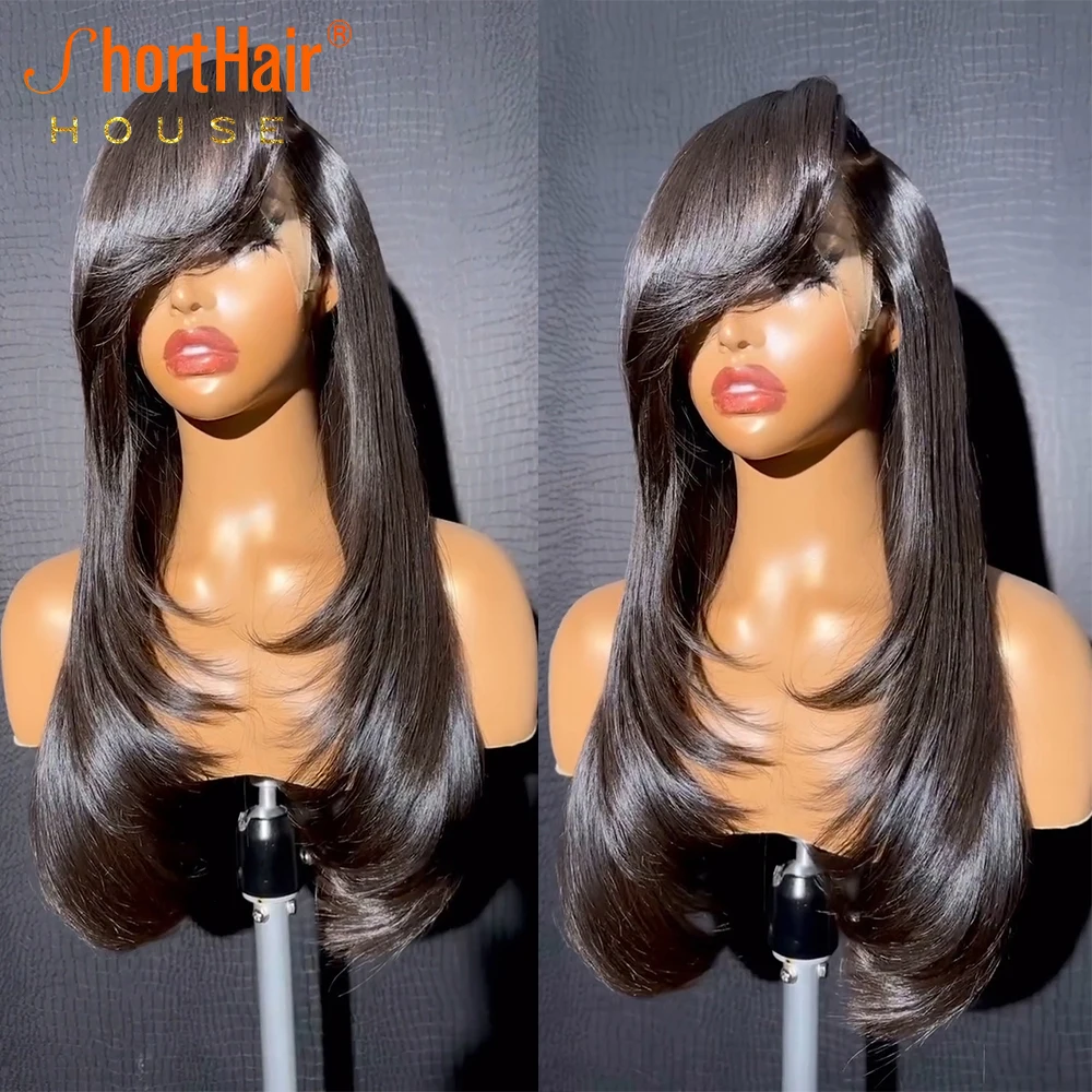 99J Burgundy Wavy Human Hair Wigs Invisi 360 Lace Front Wigs With Side Bangs PreCut 5x7 Lace Glueless 250% Highlight Brazilian