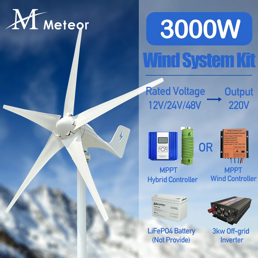 3000W Wind Turbine Power Generator 12V 24V 48V Use for Output 220V 230V 240V System For Home Complete Kit MPPT Charger solar wind generator