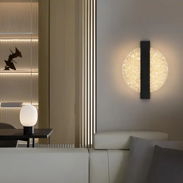 Lampada da parete moderna a LED con foglia argentata, rotonda nera, acrilica, luce calda 3500K, per soggiorno camera da letto 4