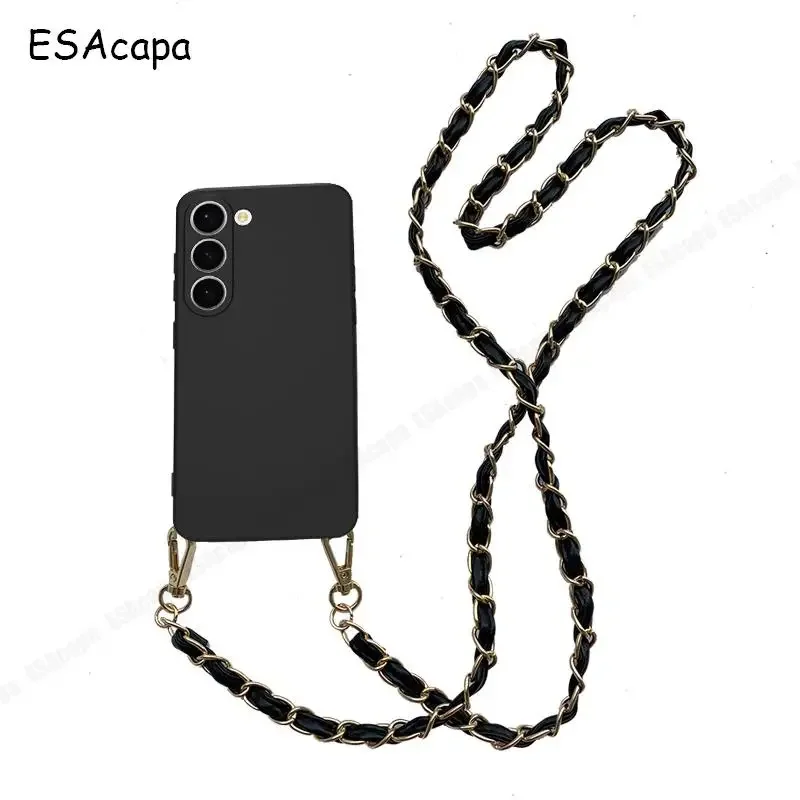 Elegant Crossbody Leather Chain Lanyard Case with Matte Silicone Back