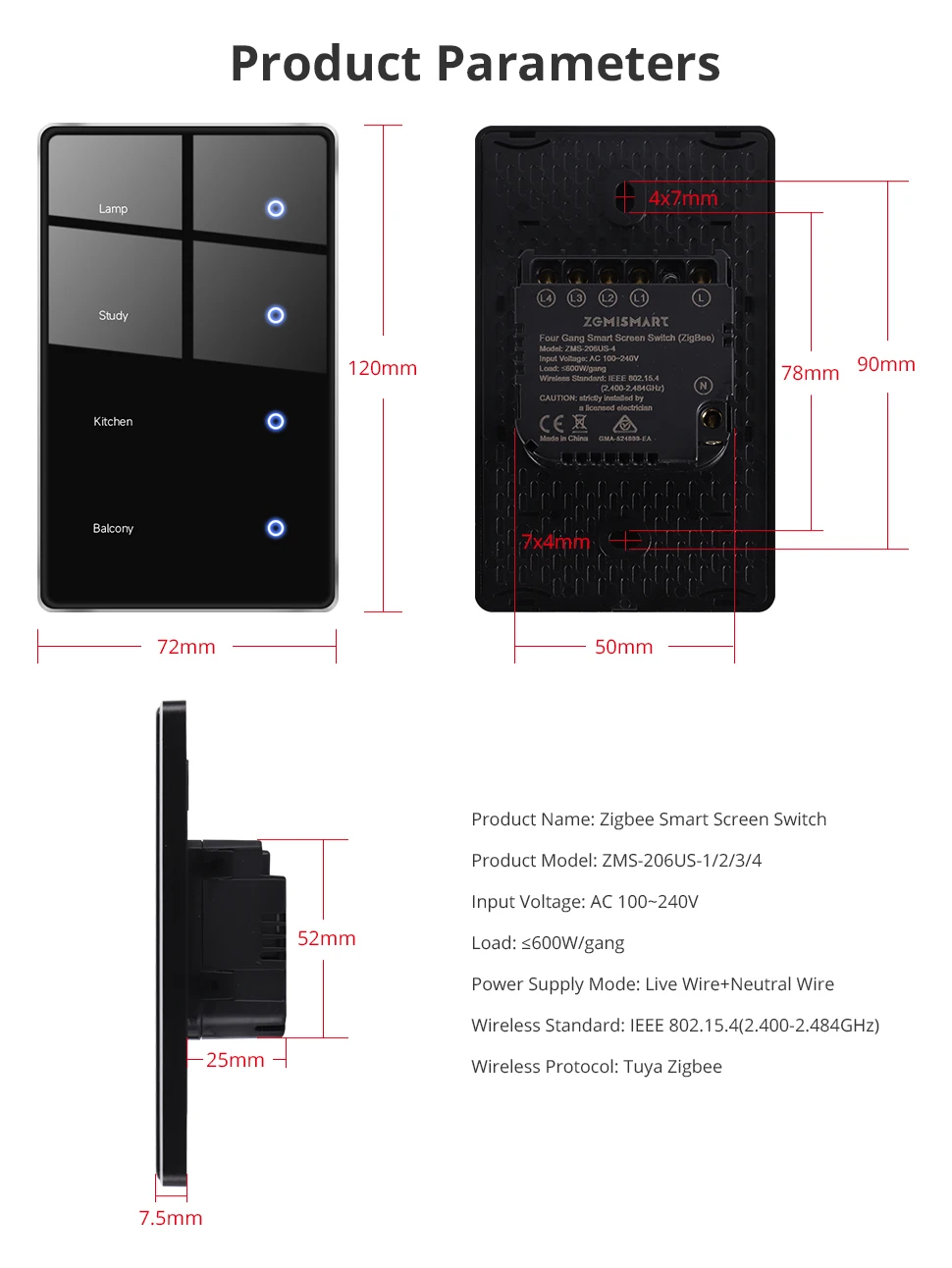 Zigbee DIY Name Switch with Display Screen US Black Touch Panel Light Switch Wor