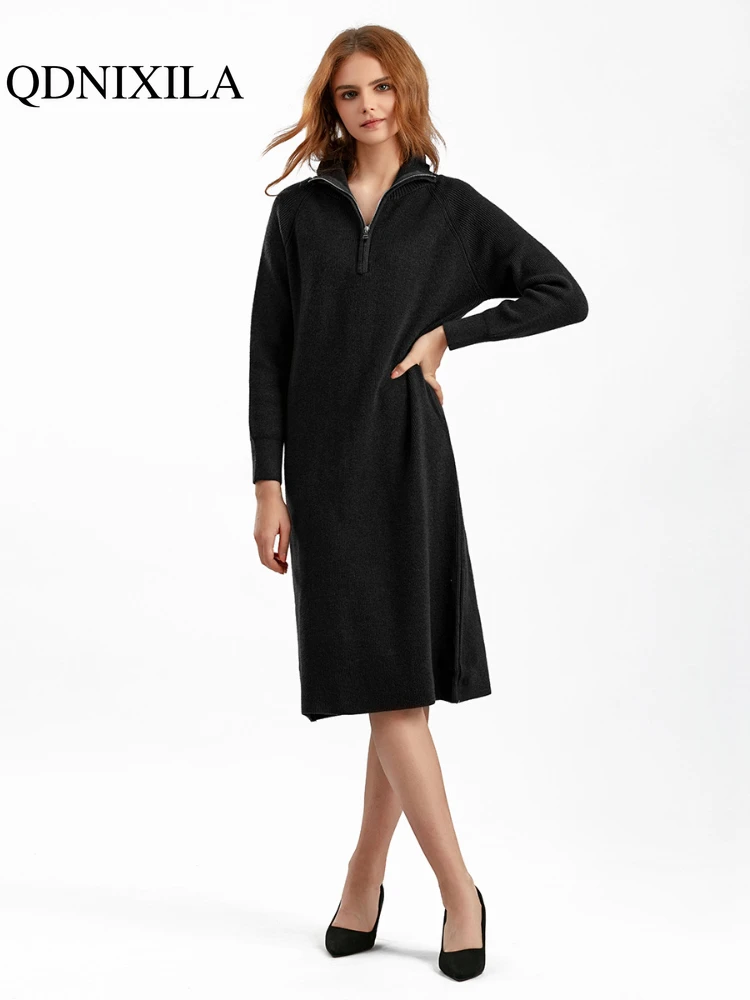 

Womens Dresses Knitted Dress Autumn Winter 2023 New in Lazy Style Zippered Pullover Over Knee Sweater Long Skirt Woman Clothing