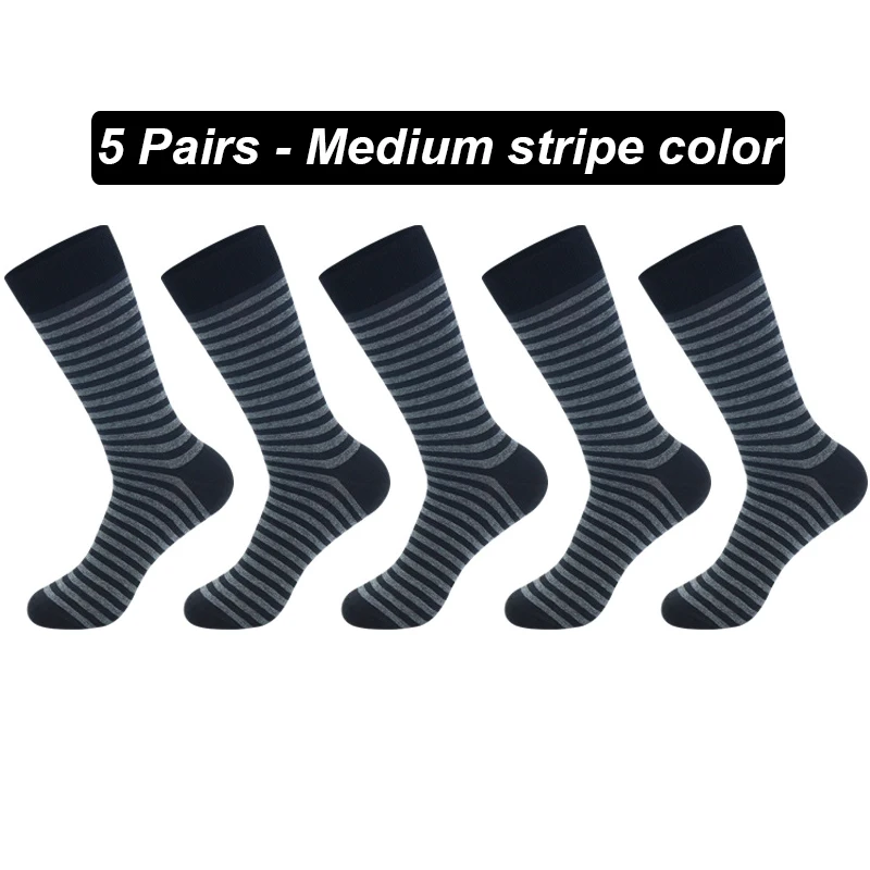 Men's Long Socks Pack - 5 Pairs Striped & Solid Black Cotton Crew Socks | Comfortable Plus Size EU40-47