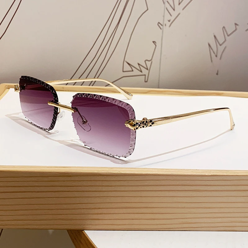 Neues Design Rahmenlose Leopardenkopf-Sonnenbrille zum Autofahren, Sonnenschutz, Modische Metallbrille