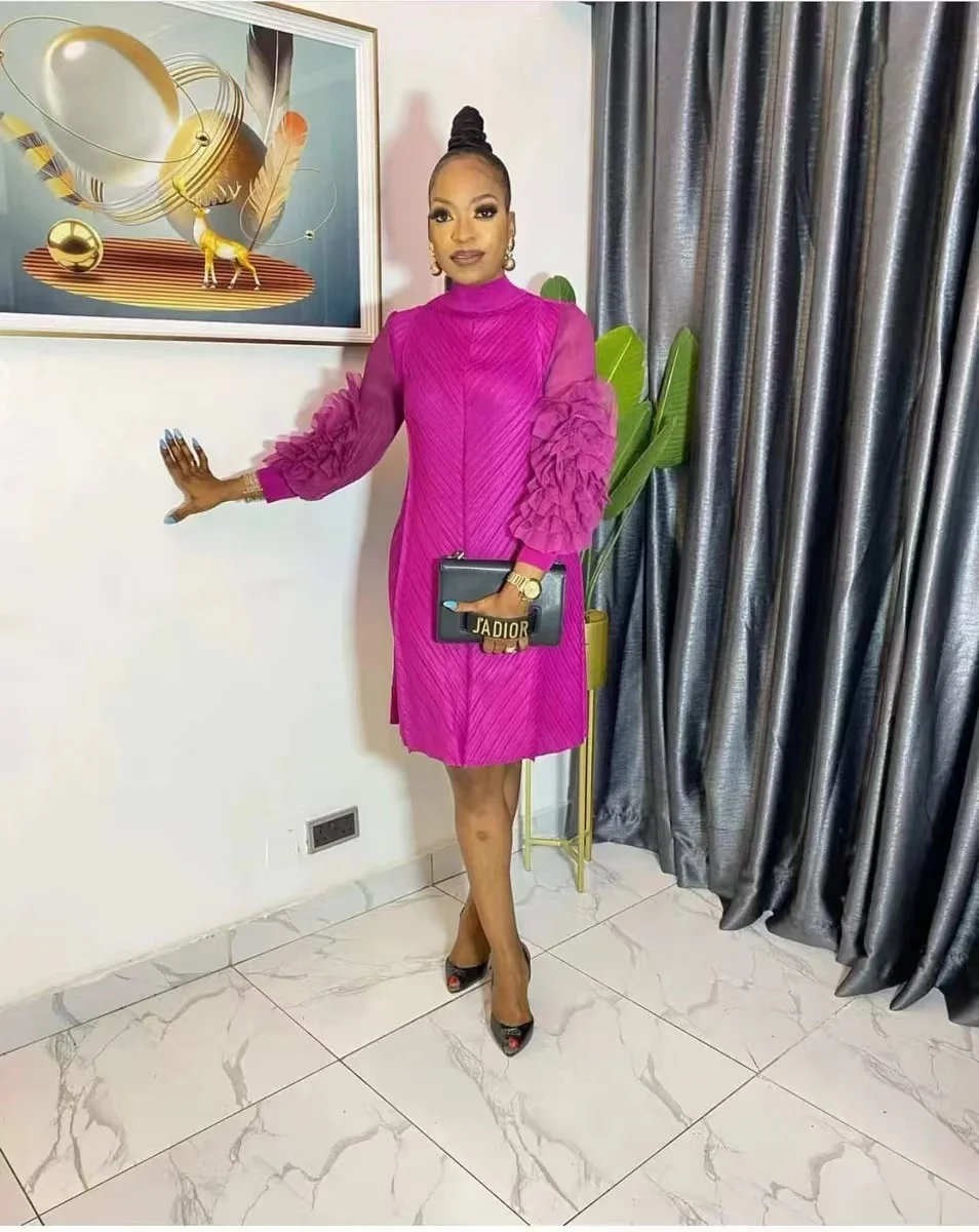 

Женское плиссированное платье миаке, с полувысоким воротником и рукавами-фонариками, в стиле ретро, осень-весна 2023