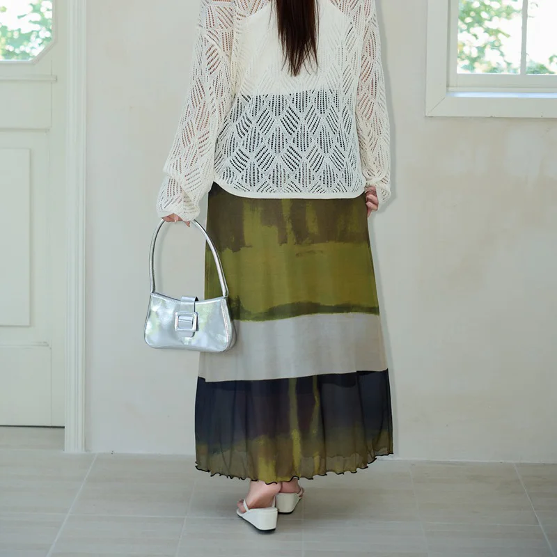 Plus Size Women's Painting Art Mesh A-Line Skirt Casual Premium High Waist Green Long Skirt Summer 2025