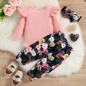 2023 New Baby Girl Clothes Set 6 12 18 24 Months Infant Girls Clothes Bow Pink Long Sleeve Romper+Pants Fashion Baby Outfits Set 2
