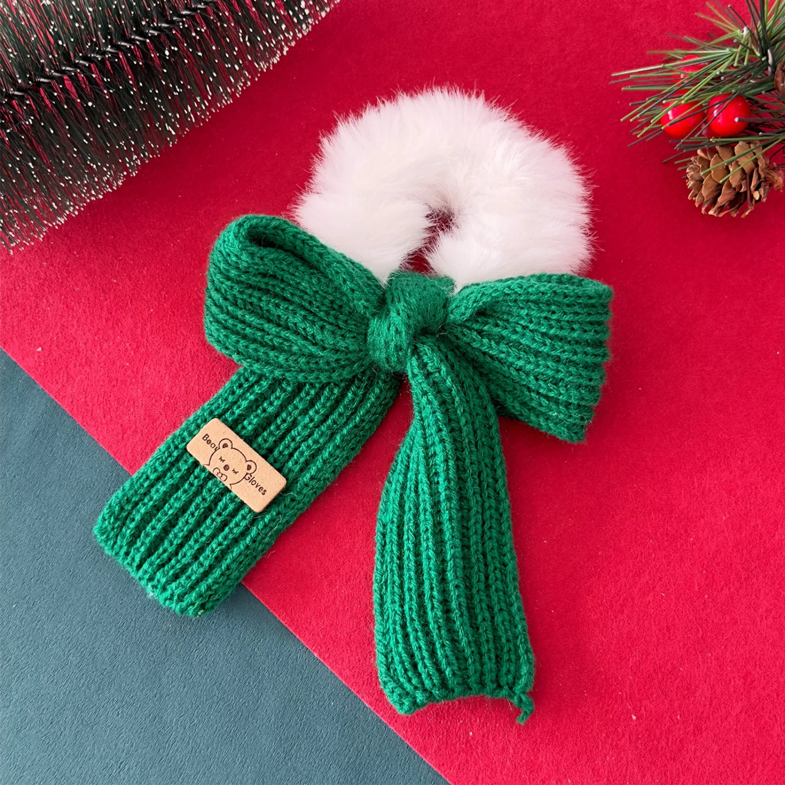 1/2PCS Christmas Knitted Bow Hair Scrunchies, Fuzzy Fur Elastic Hair Ties, Red Green Festive Hair Accessories For Women