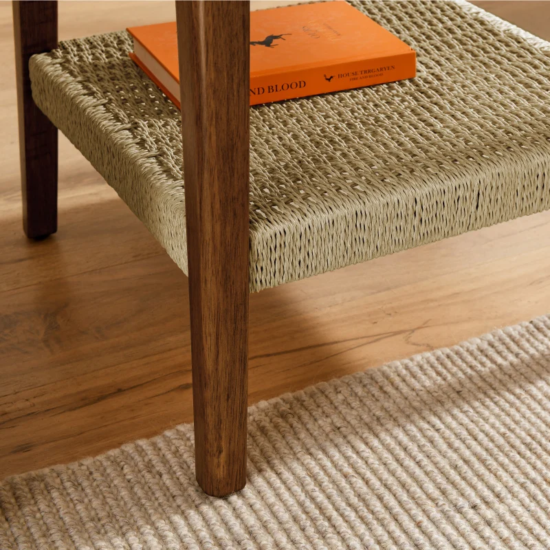 Mid-Century Side Table with Woven Shelf, Boho Side Table with Storage, Small Side Table for Living Room Couch Bedroom Patio 3
