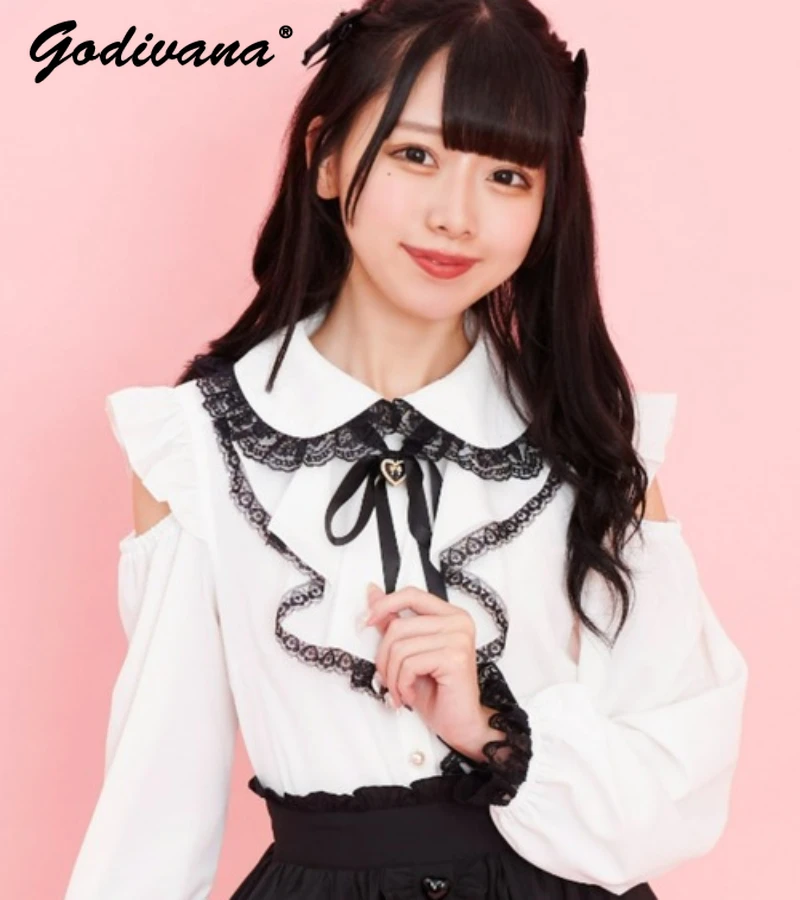 

Japanese SC sweet Girls Mine Mass-Produced Lolita Shirt Women Elegant Ruffled Off-Shoulder Long Sleeve Blouse Top Autumn Camisas
