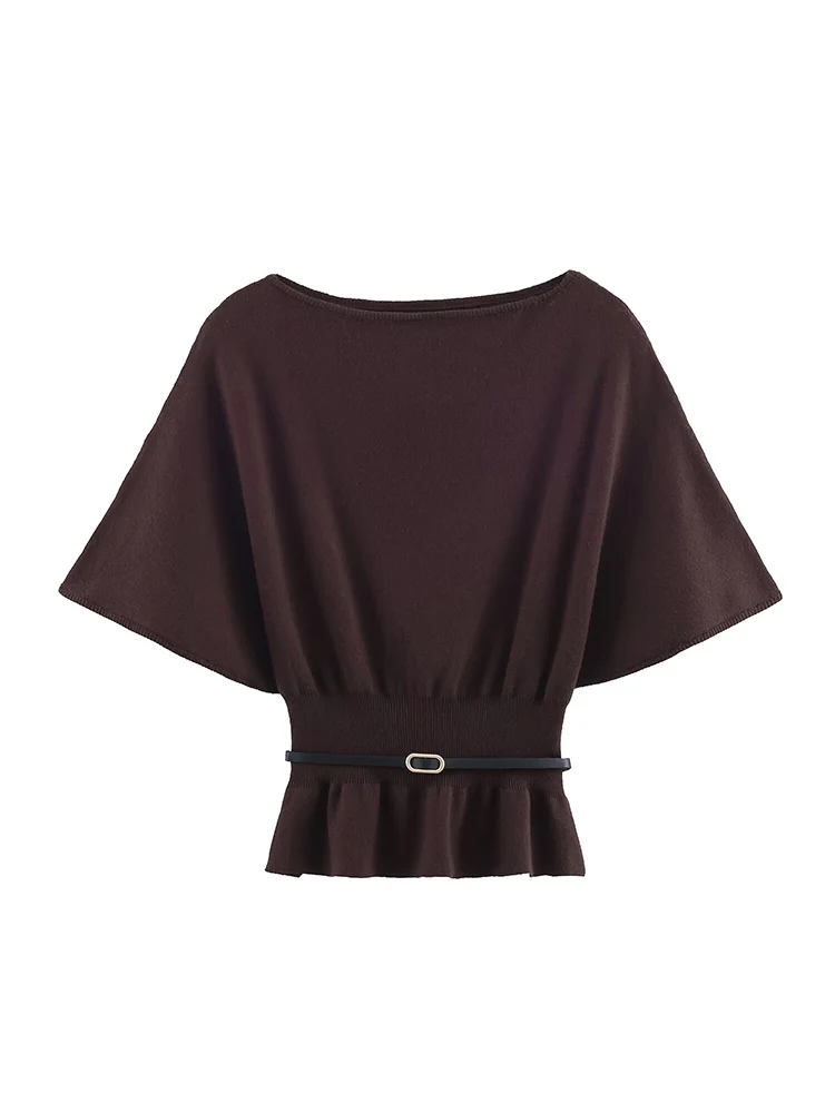 Women's Knitted Tops With Belt 2025 Autumn Hem Ruffle Loose Pullover Top Fashion Vintage Sweaters Female Casual Knitwear