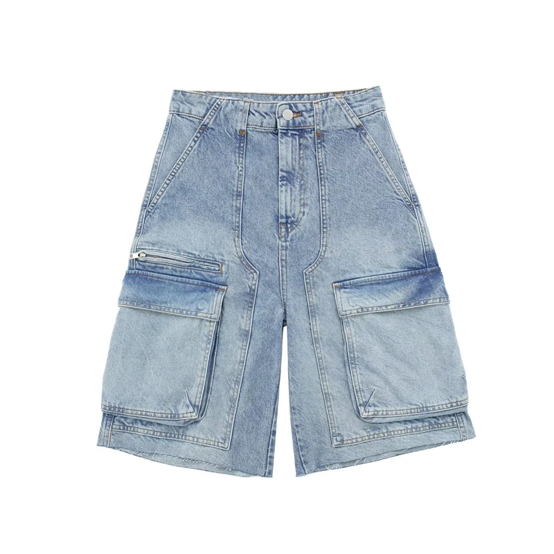 

2023 Women's Summer New Fashion Casual Mid-waist Denim Overalls Shorts Loose Casual All-match Raw Edge Five-point Pants