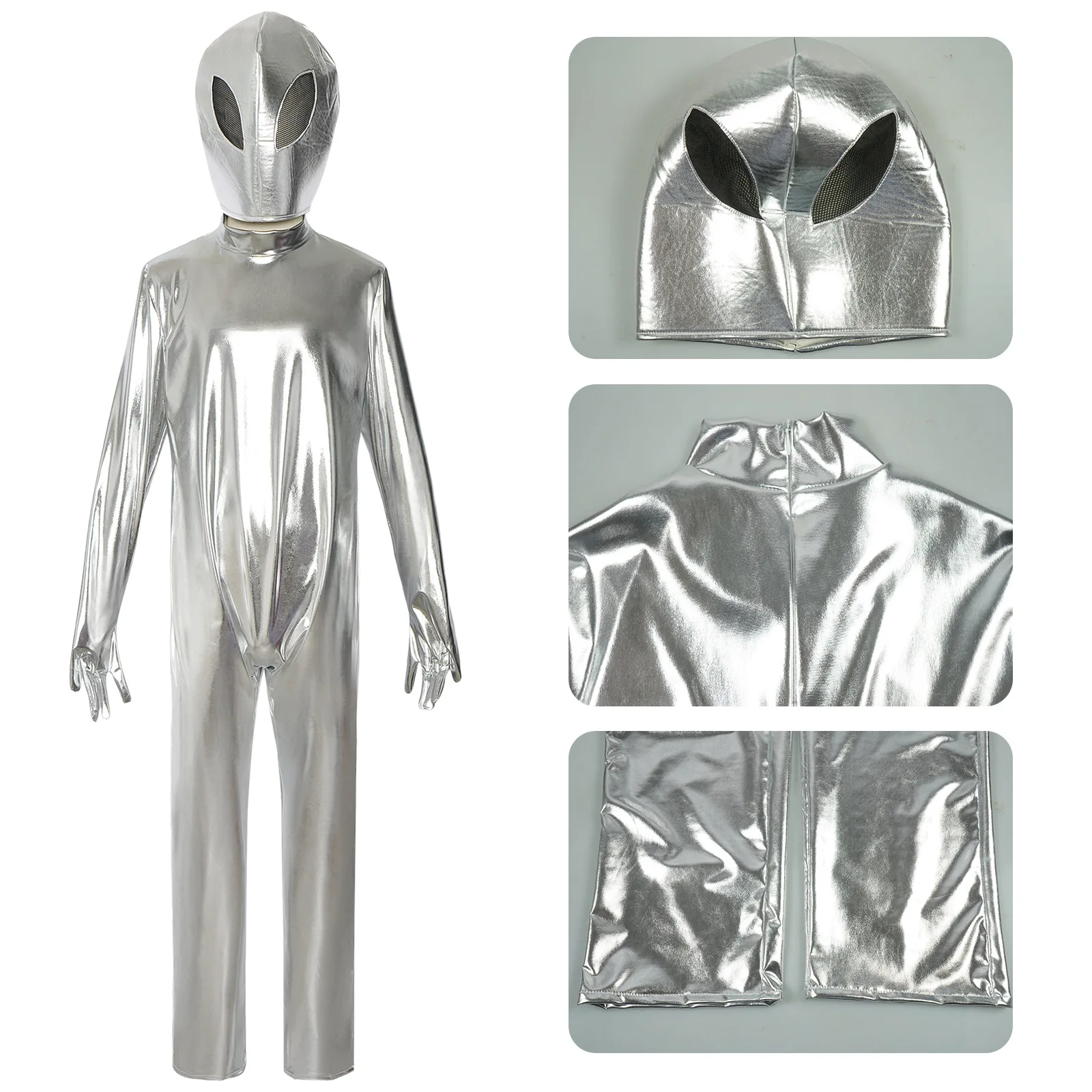 Unisex Metallic Space Alien Bodysuit Costume for Halloween and Parties 19 Unisex Metallic Space Alien Bodysuit Costume