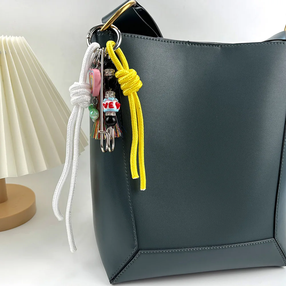 2024 New Woven Rope Keychain Bag Decoration Hanging Keychain Korean Style Acrylic Bead Heart Tassel Phone Case Bag Charms Y2k