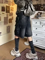 American street oversized washed vintage multi pocket women workwear denim shorts high waisted straight leg pants - Image 4