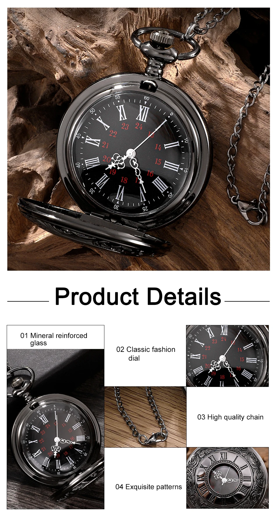 Vintage Charme schwarz Unisex Mode römische Nummer Quarz Steampunk Taschenuhr Frauen Mann Halskette Anhänger mit Kette Geschenk – Detail 3