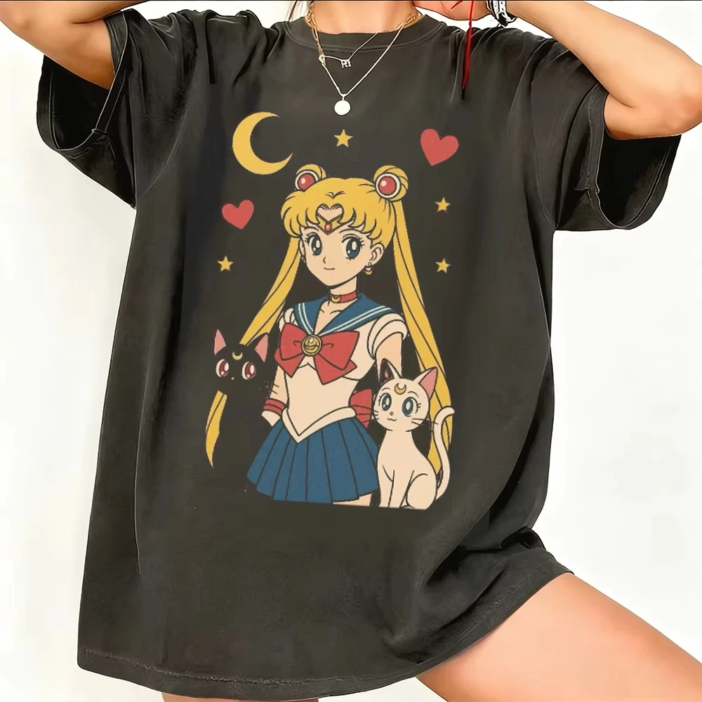 Sailor Moon Retro 90er Anime Grafik T-Shirt Sommer Baumwolle Herren Damen T-Shirt Streetwear Casual Trend Kurzarm Paar Hip Hop Top