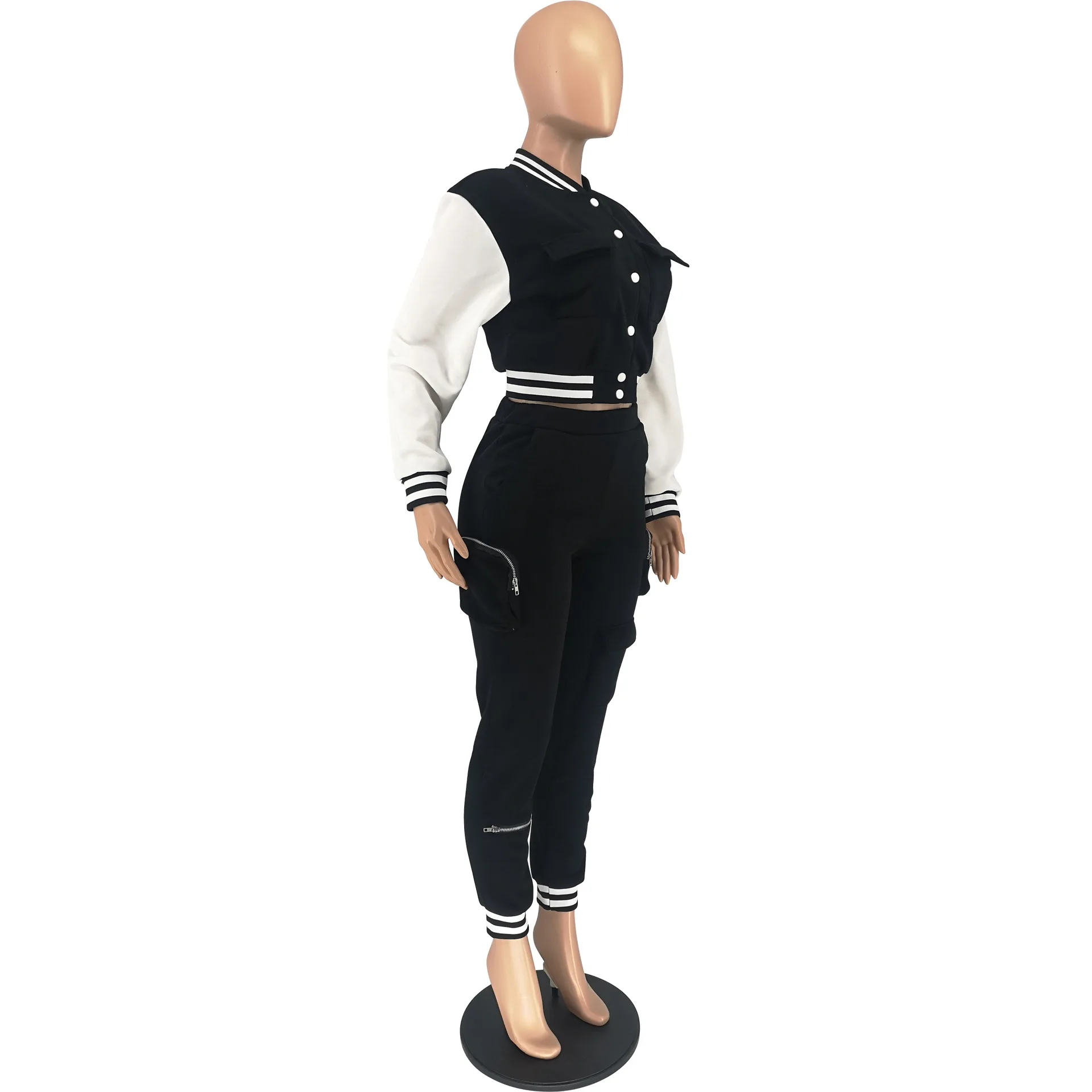 Women'S Fashionable Casual Patchwork Baseball Uniform Long Sleeve Two-Piece Sports Suit  Pocket Zippercargo Pants