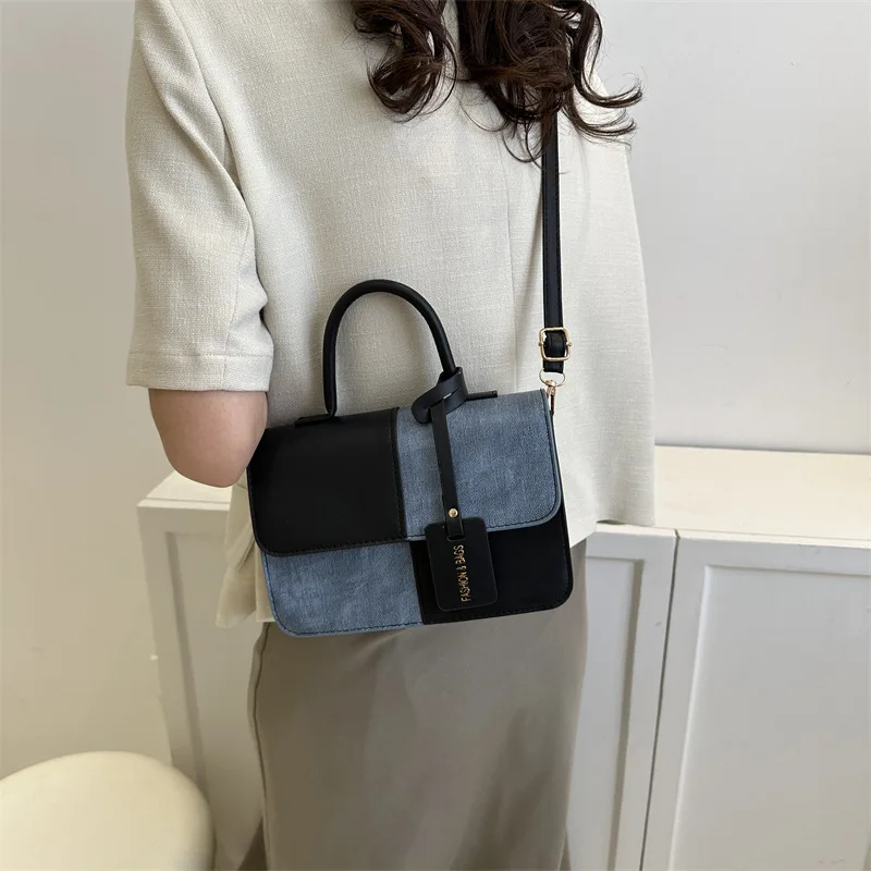 Denim Color Patchwork Shoulder Bags for Women PU Leather Mini Crossbody Bag England Style Handbags Ladies Female Purses New Flap