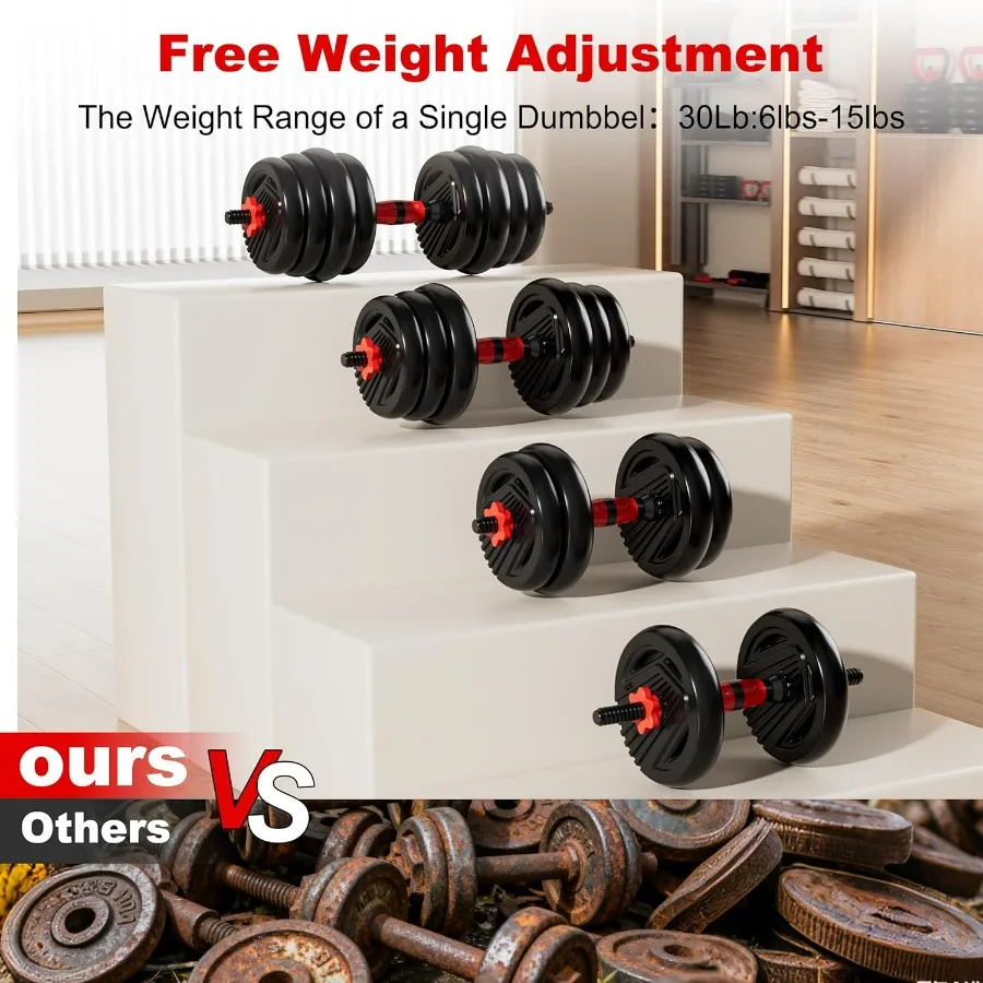 Adjustable Dumbbell Set, 30lbs Free Weight Set with Connector, 4 in1 Dumbbells Set Used as Barbell, Kettlebells, Push up Stand,
