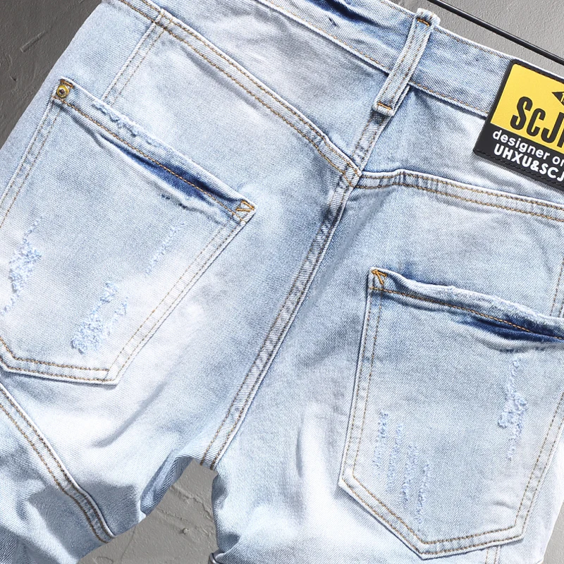 Summer Fashion Men Jeans Retro Light Blue Plain Washed Elastic Ripped Short Jeans Spliced Designer Vintage Denim Shorts Men