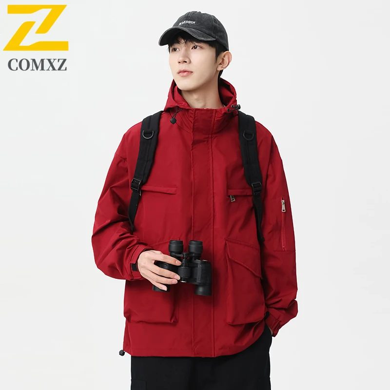 EiAO Jacket Japanese Style Couple's Hooded Red Waterproof Windbreaker Multi-Pocket Techwear Coat for Hiking Camping Fishing 2025