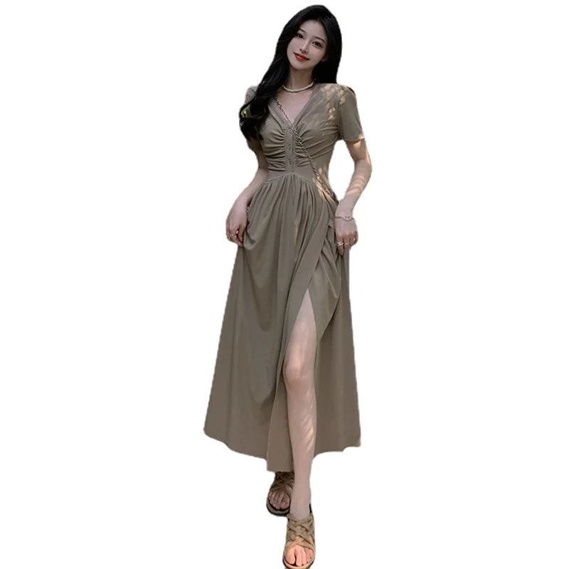 

Woman Clothing 2024 New Plus-size French Advanced Compression V-neck Waist Slimming Long Dress Summer Short-sleeved Slit Dress
